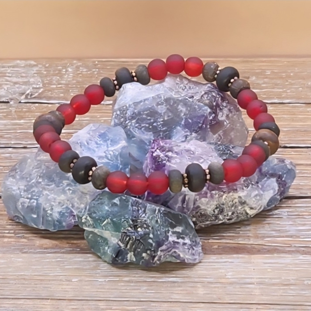 Red Sea Glass, Toffee Bronzite, Golden Obsidian ans Copper Beaded Bracelet